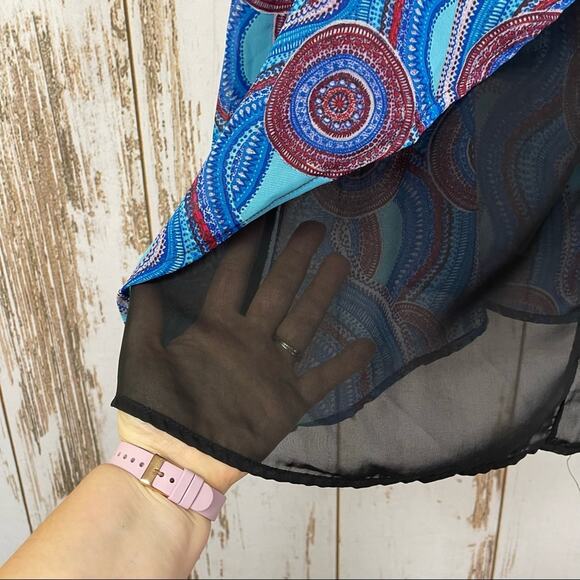 Yummy Plus, Blue Print Sleeveless Blouse Sheer Back Detail. Size 1X. - Picture 7 of 7